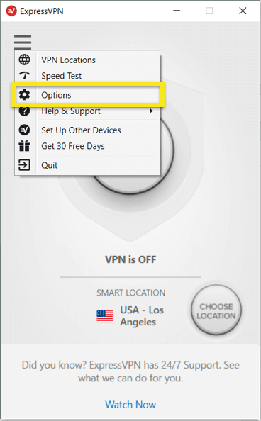 expressvpn windows menu options